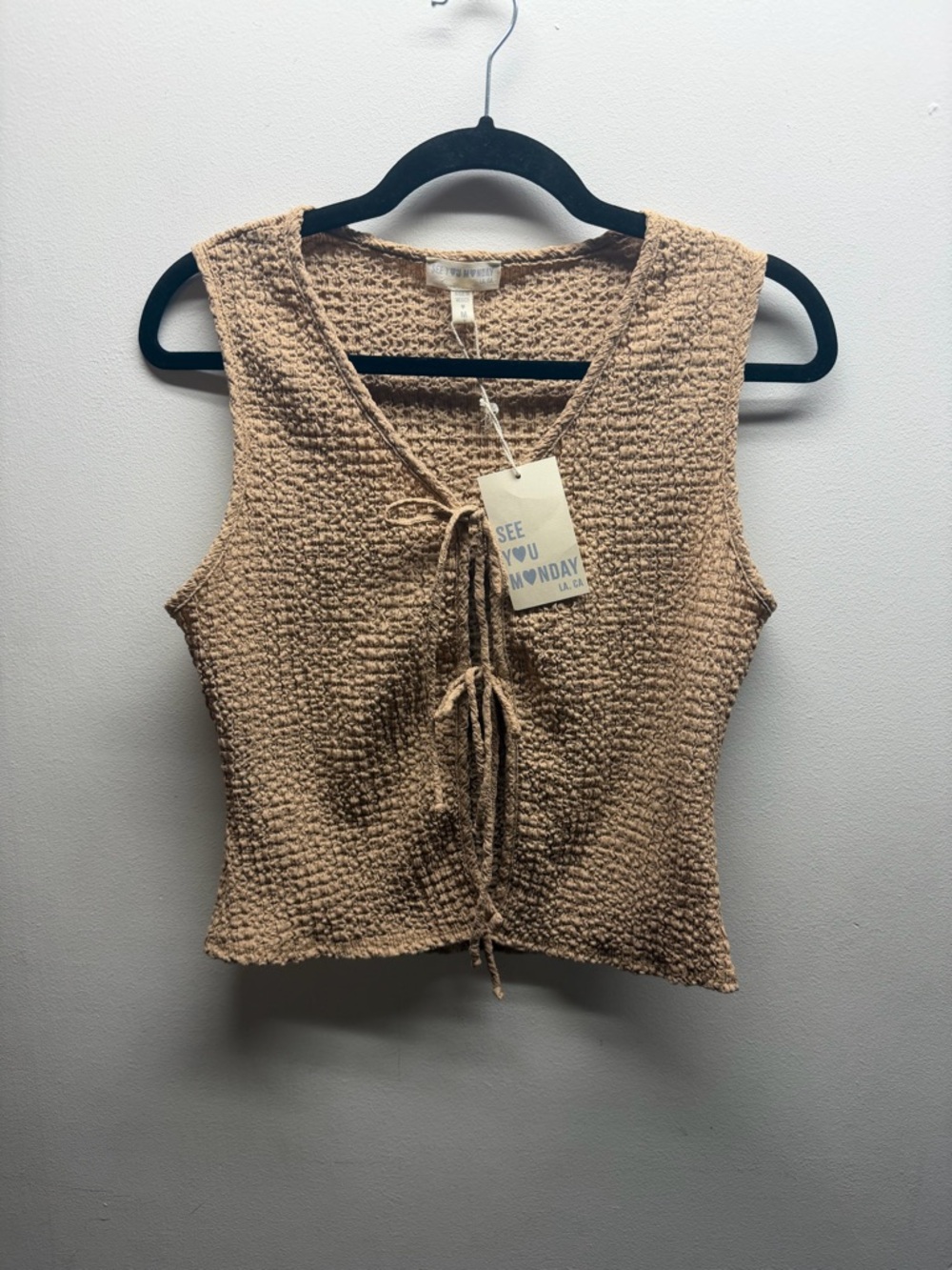 See You Monday Beige Textured Tie-Front Tank Top